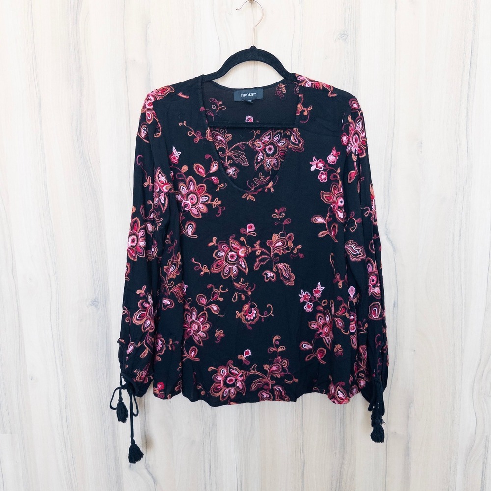 Karen Kane‎ Womens Embroidered Floral Blouse XL Black Red Boho Peasant Romantic